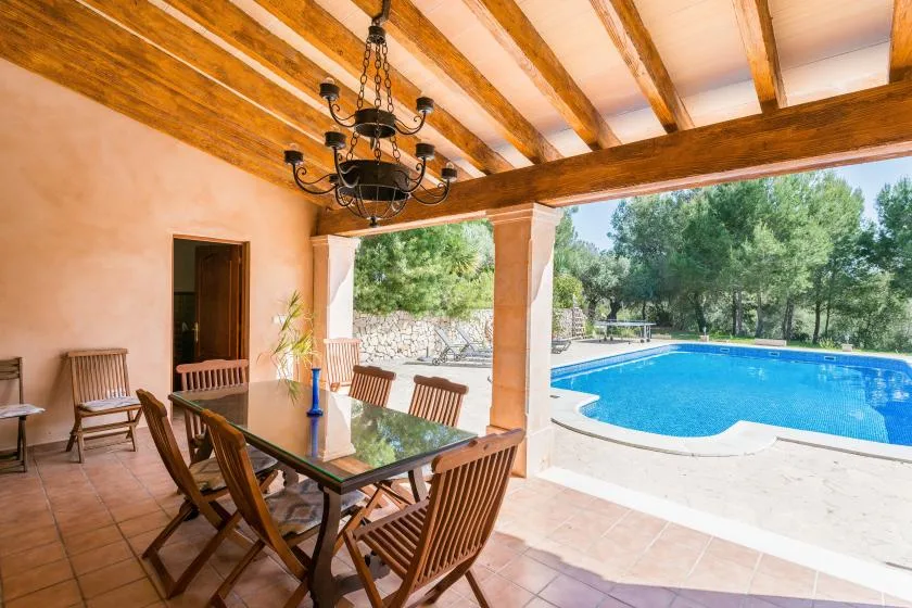A covered patio dining area opens onto a swimming pool surrounded by trees.