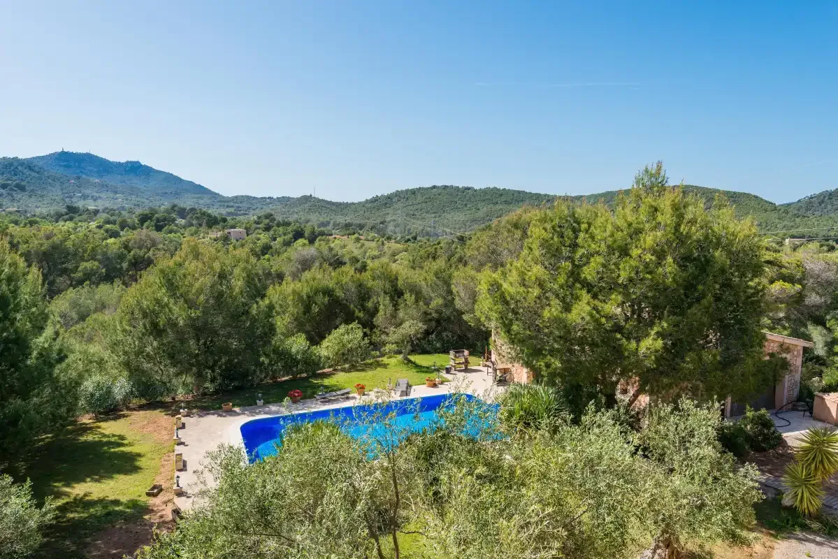 An outdoor swimming pool sits among trees, with wooded hills in the background.