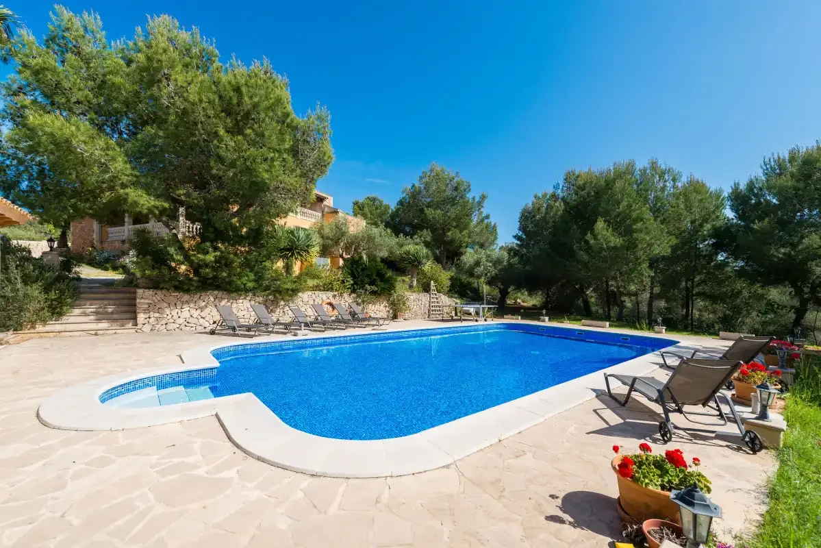 An outdoor swimming pool sits beside a paved patio and garden.