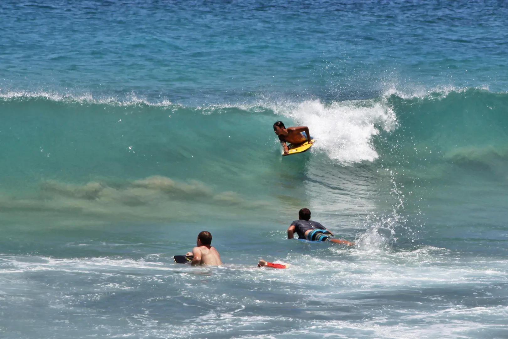 Surfistas surfean y reman entre las olas del mar.