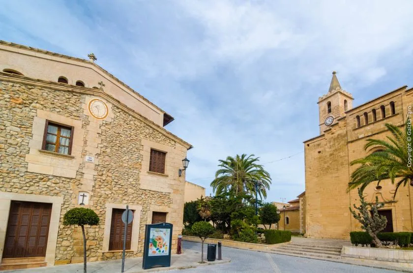 A stone-paved square sits between historic buildings, with palm trees nearby.