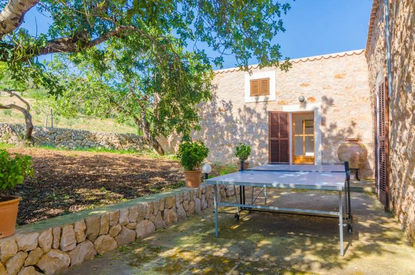 A stone courtyard with a ping-pong table, trees, and a building entrance.
