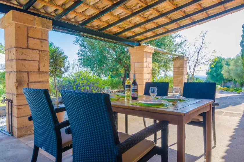 A covered outdoor dining area with a table and woven seating overlooks a garden.