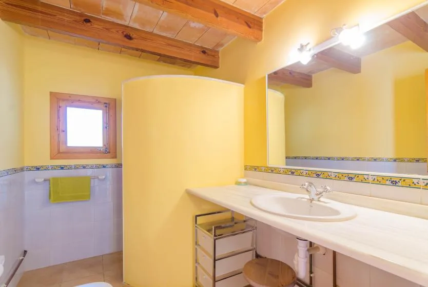 A bathroom with a sink, mirror, and yellow walls.