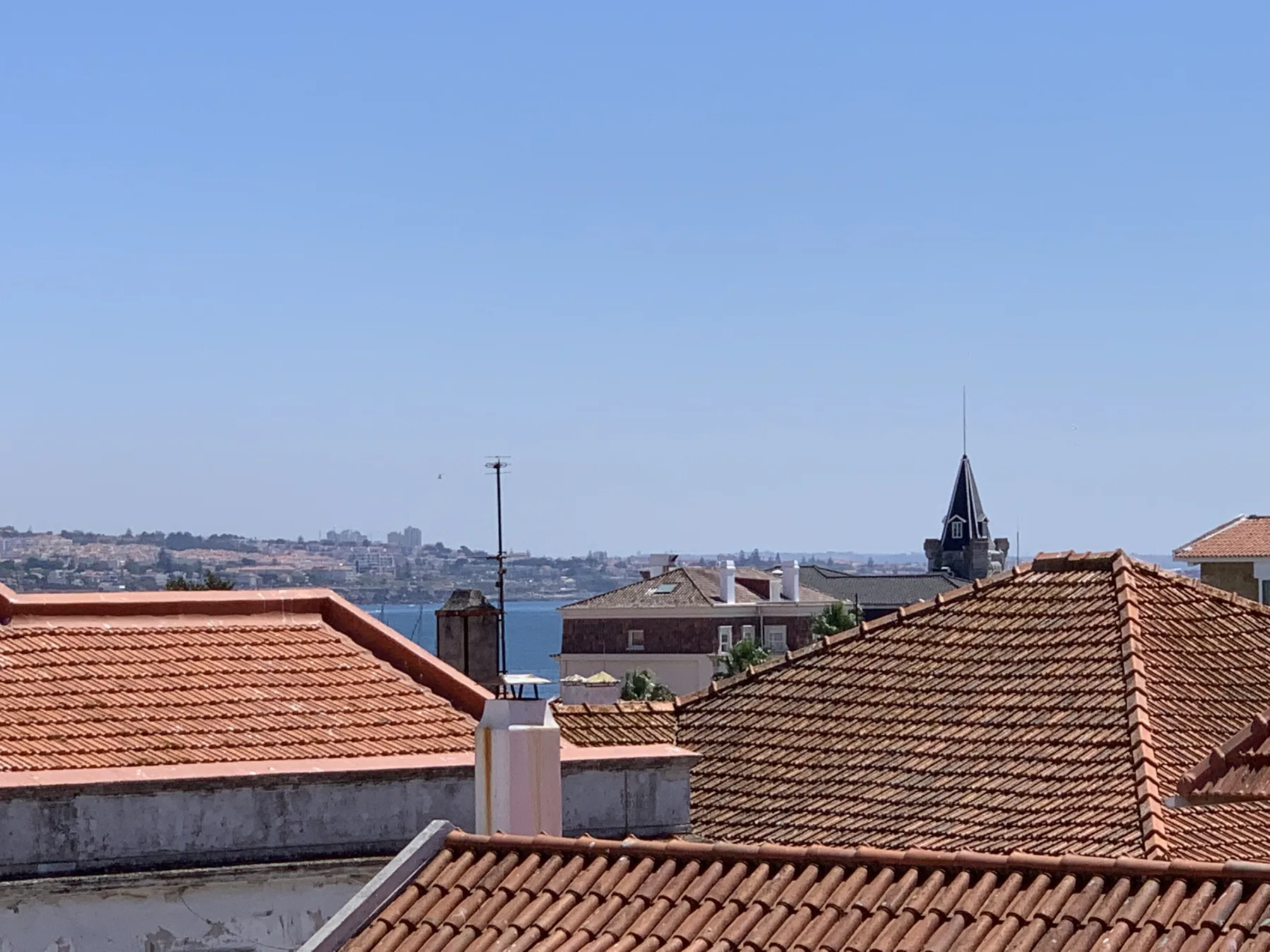 A townscape of tiled rooftops, with a distant church spire and water.