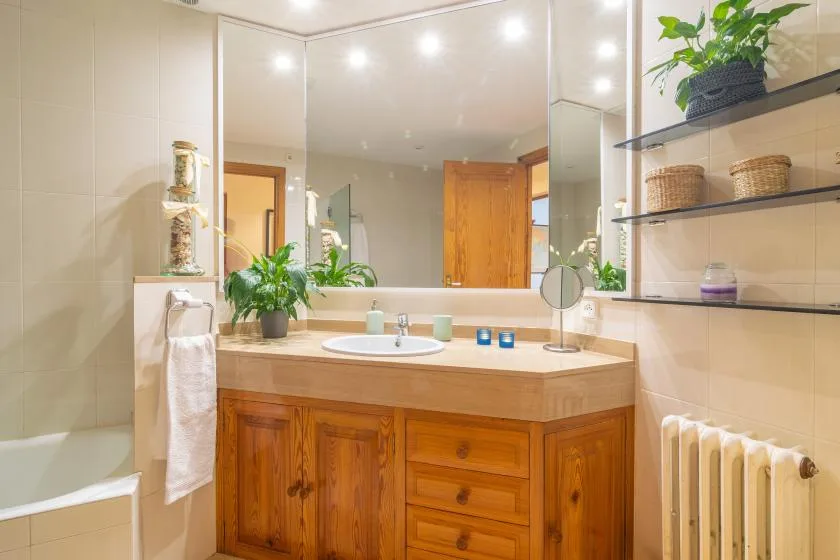 Un tocador de baño con un espejo amplio, lavabo y armarios de madera.