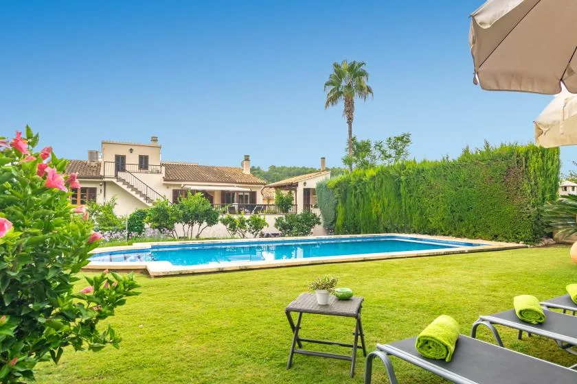 Un jardín soleado rodea una piscina, con tumbonas sobre el césped.