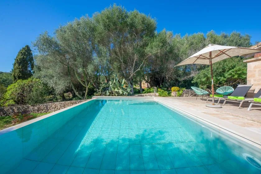 An outdoor swimming pool sits beside patio seating and a large umbrella.