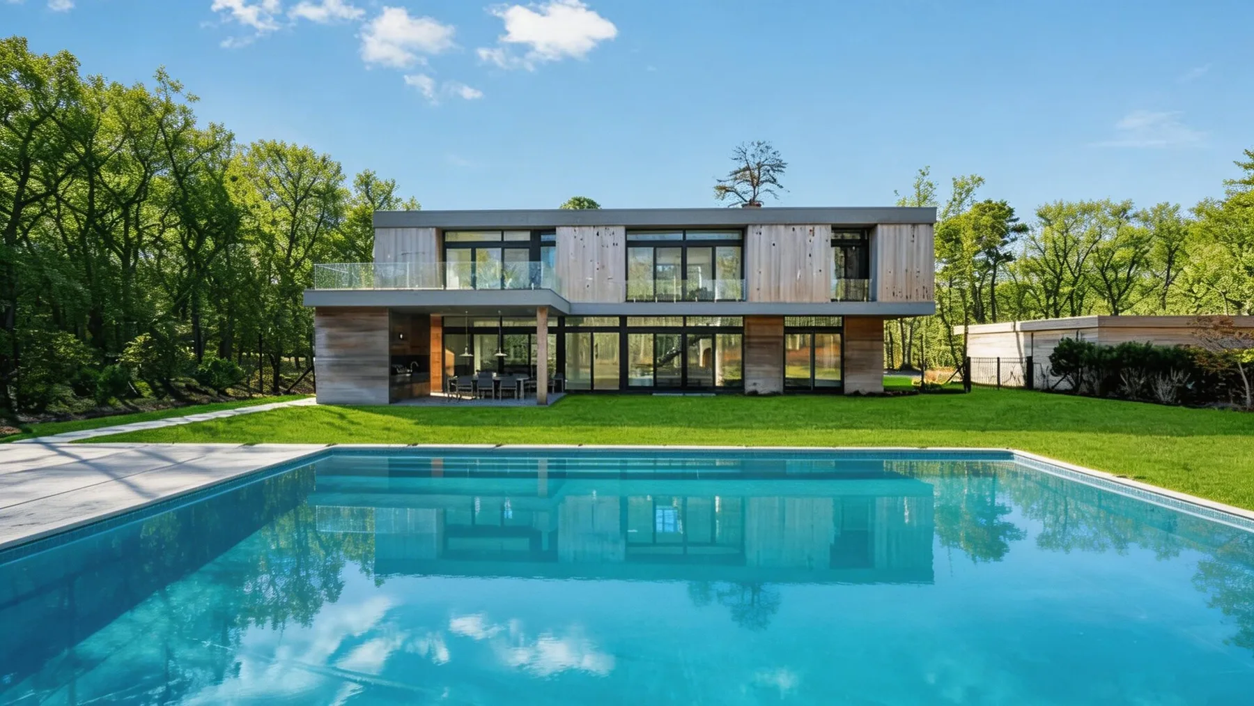 Una casa moderna se encuentra detrás de una piscina, rodeada de árboles.