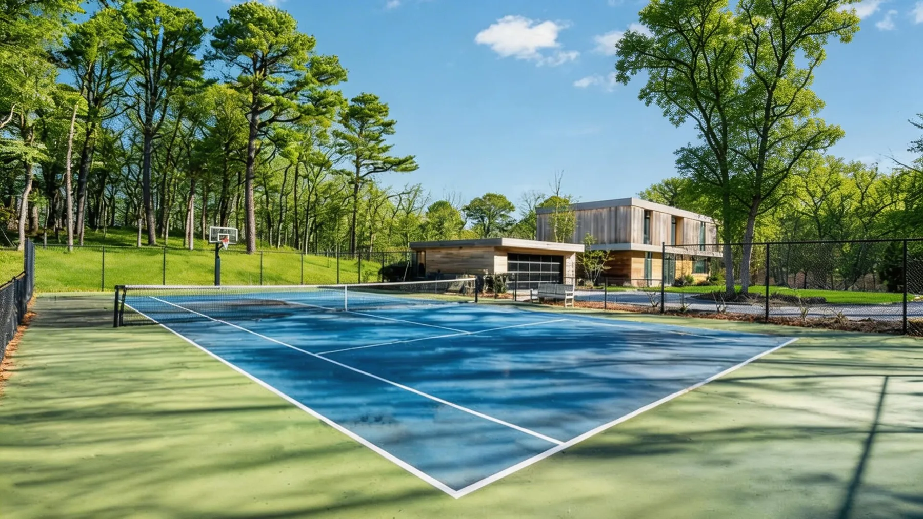 Una cancha de tenis al aire libre está junto a un edificio moderno y árboles frondosos.
