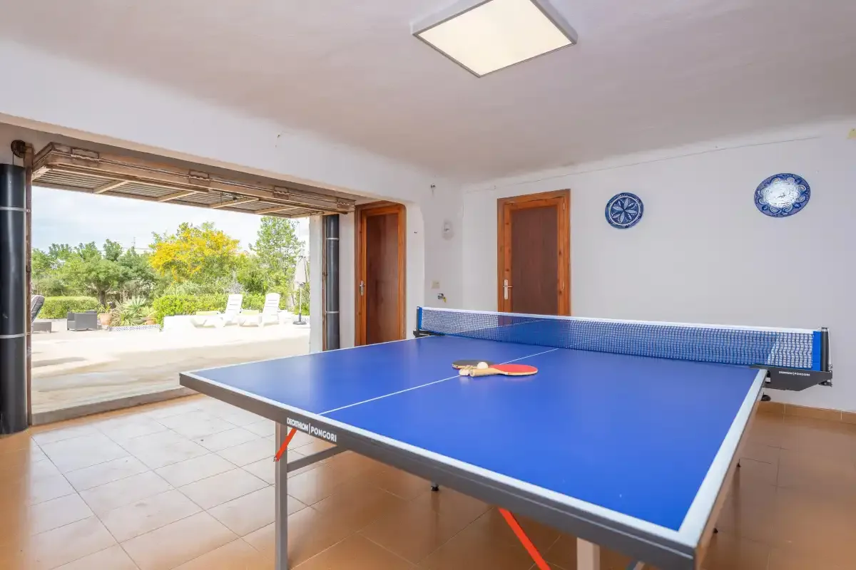 A recreation room with a blue ping-pong table beside a large open window.