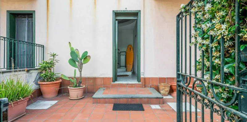 A tiled courtyard with potted plants and an open doorway.