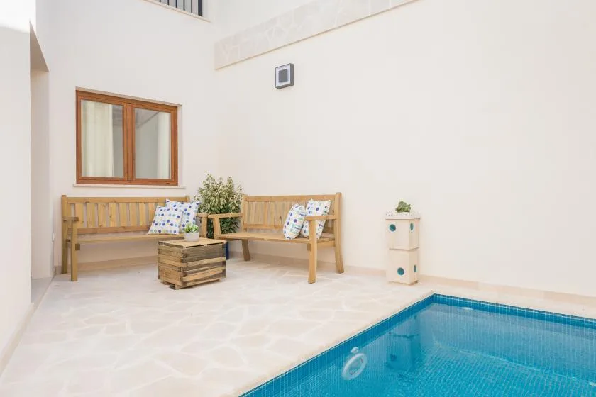A small pool sits beside a paved patio with wooden seating.