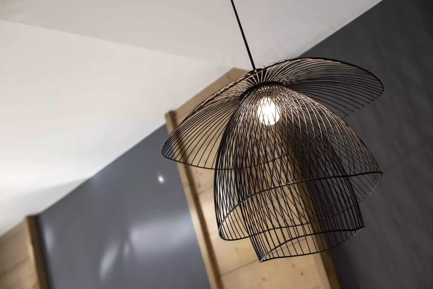 A sculptural pendant light hangs against a dark wall in this interior.