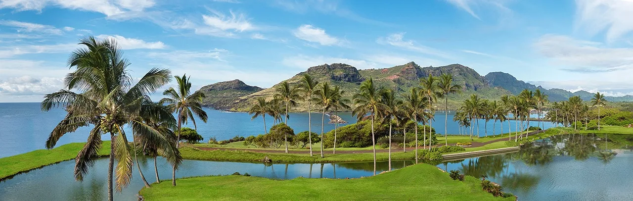 Un paisaje tropical con palmeras, una laguna y montañas a lo lejos.