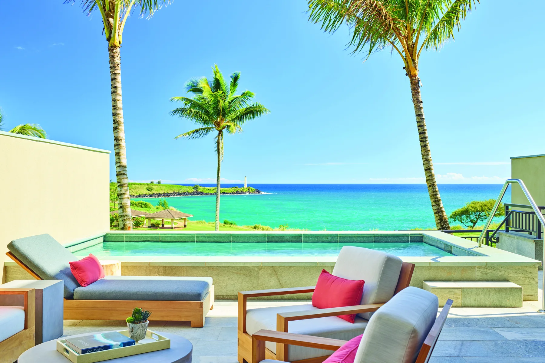 Una terraza junto al mar con piscina, asientos y palmeras frente al océano.