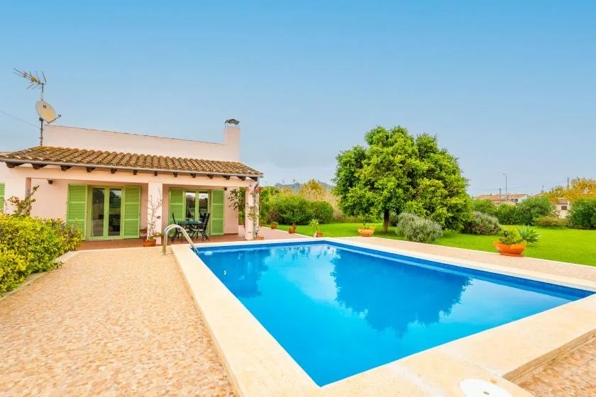 A swimming pool beside a house, with green lawn and trees.