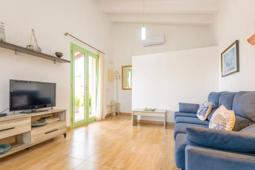 A living room with blue seating, a television, and green-framed glass doors.