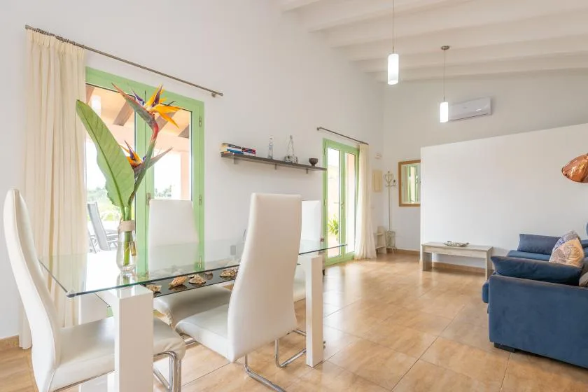 A bright living and dining area with a glass dining table and blue seating.