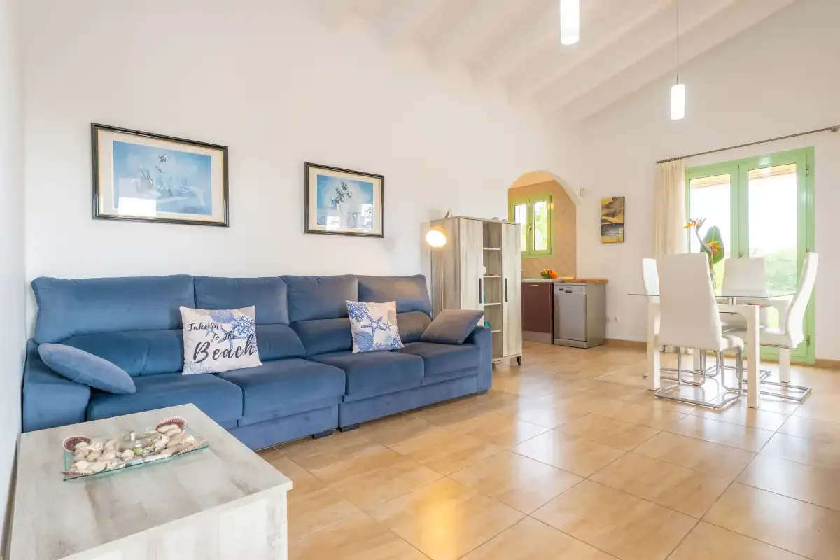 A bright living and dining area with blue seating and a table by the windows.