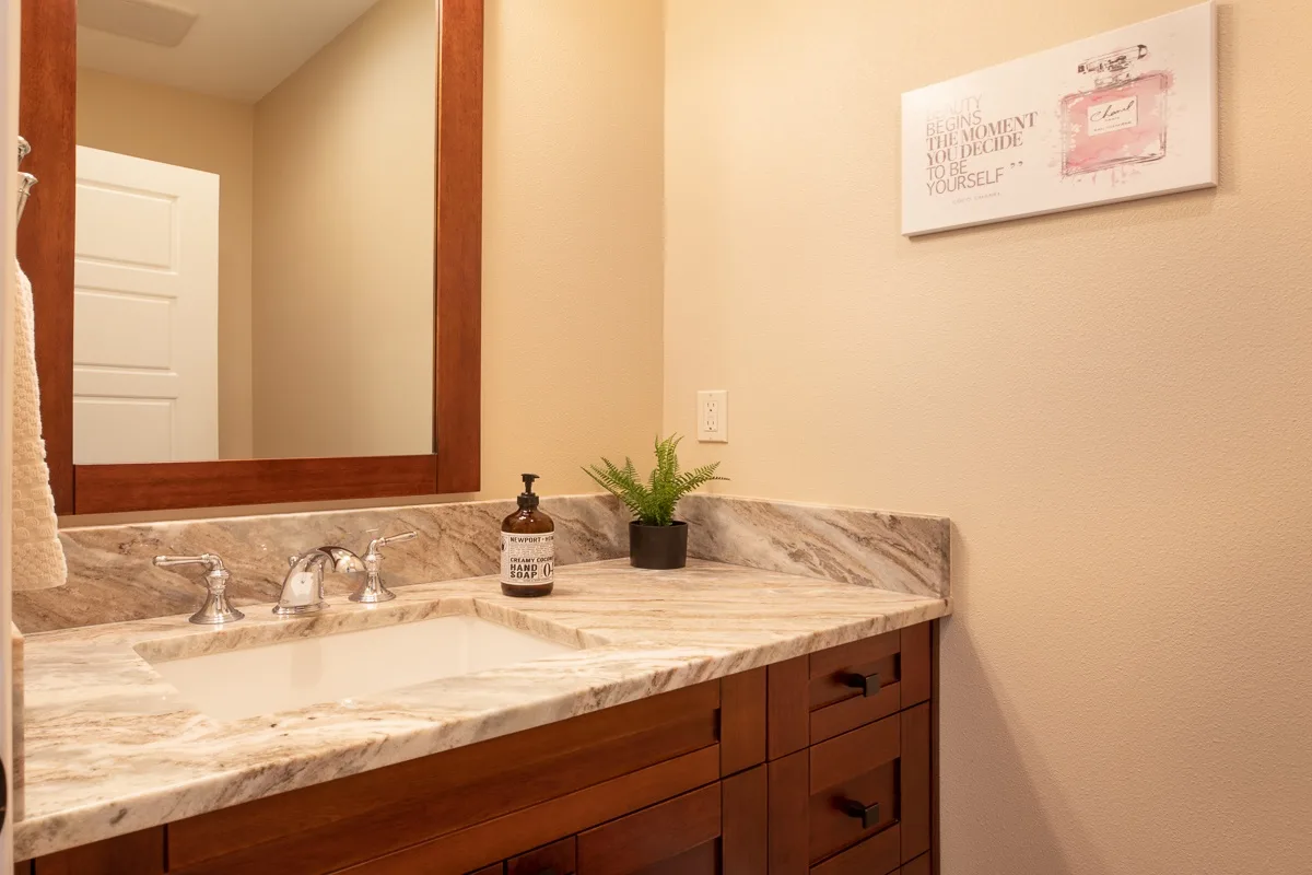 A bathroom vanity with a wide mirror and a small potted plant.