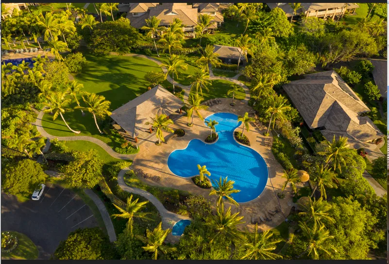 An aerial view of a swimming pool surrounded by tropical landscaping and buildings.