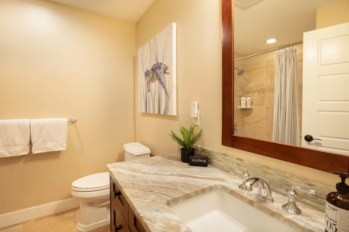 A bathroom vanity with a sink and a mirror reflecting the shower.