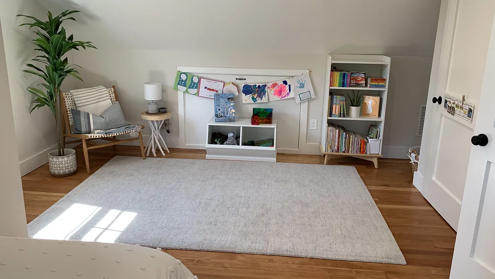 A bright room with a large rug, a plant, and shelves along the wall.