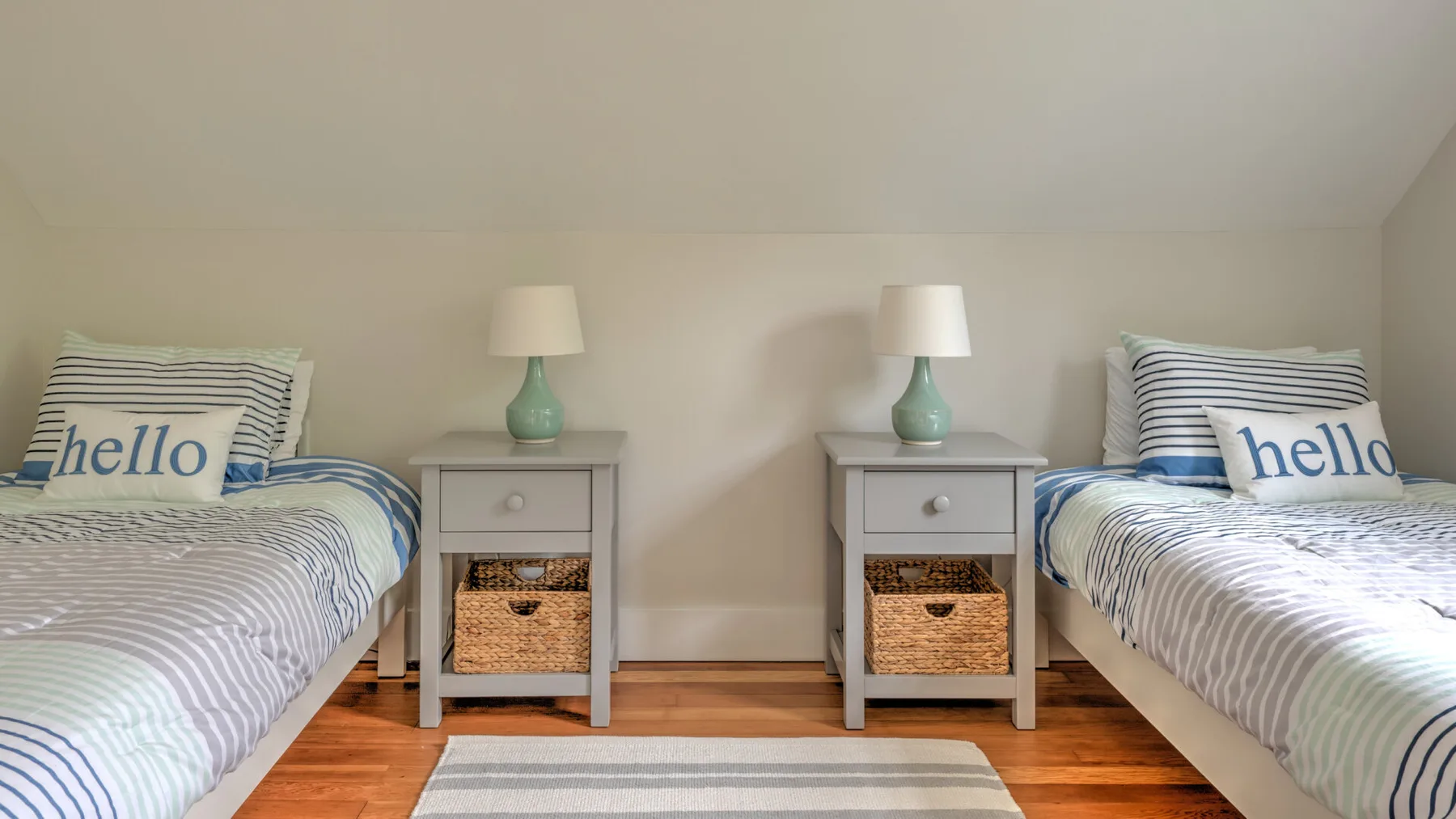 A bedroom with two twin beds and matching bedside tables.