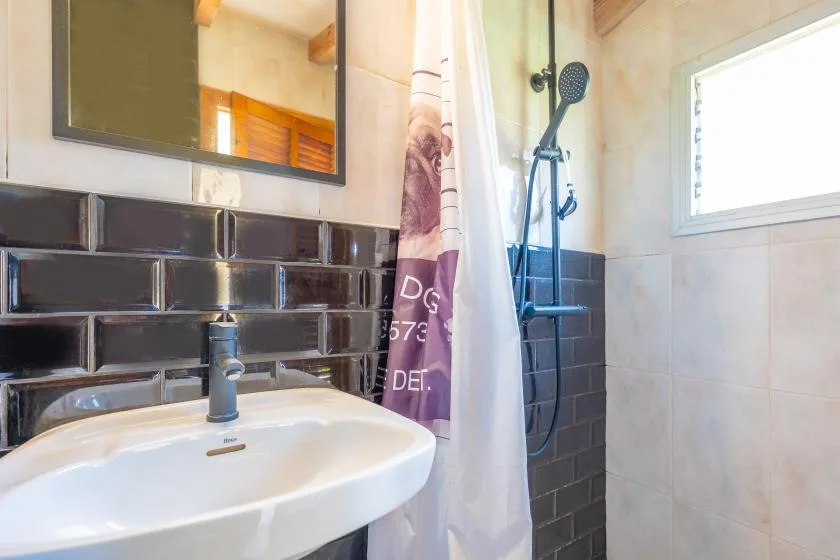 Un baño con un lavabo blanco, paredes revestidas y una ducha.