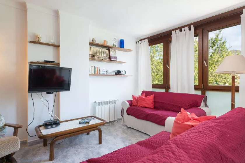 A living room with magenta seating, a television, and large windows.
