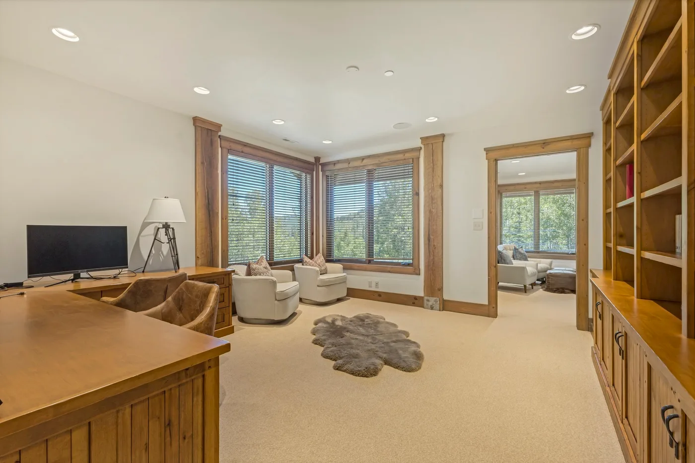 A bright sitting room with window-side seating and built-in wooden shelving.
