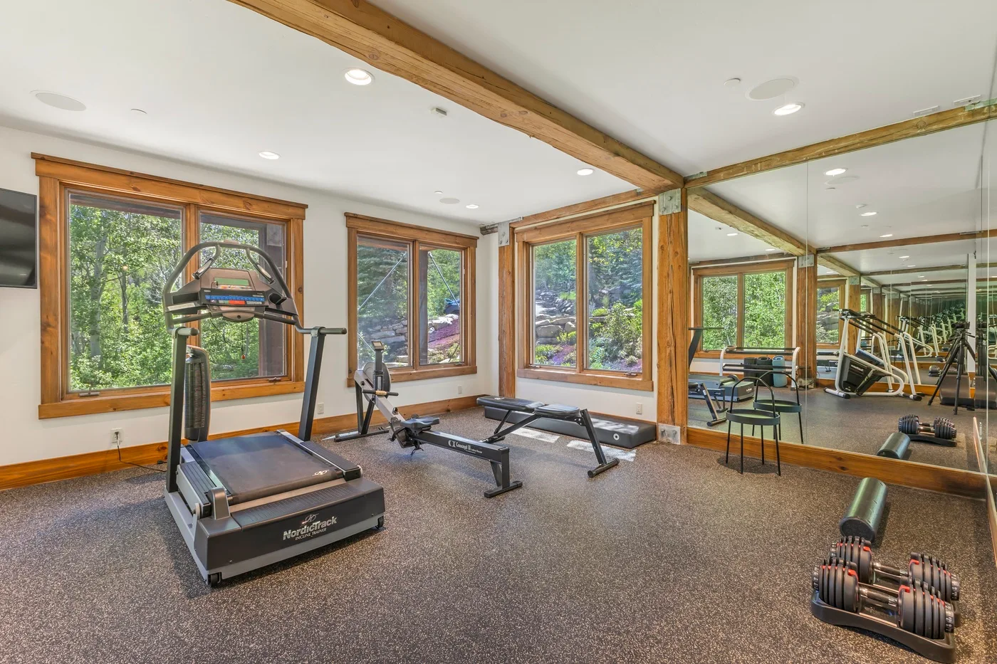 A home gym with exercise equipment beside large windows.