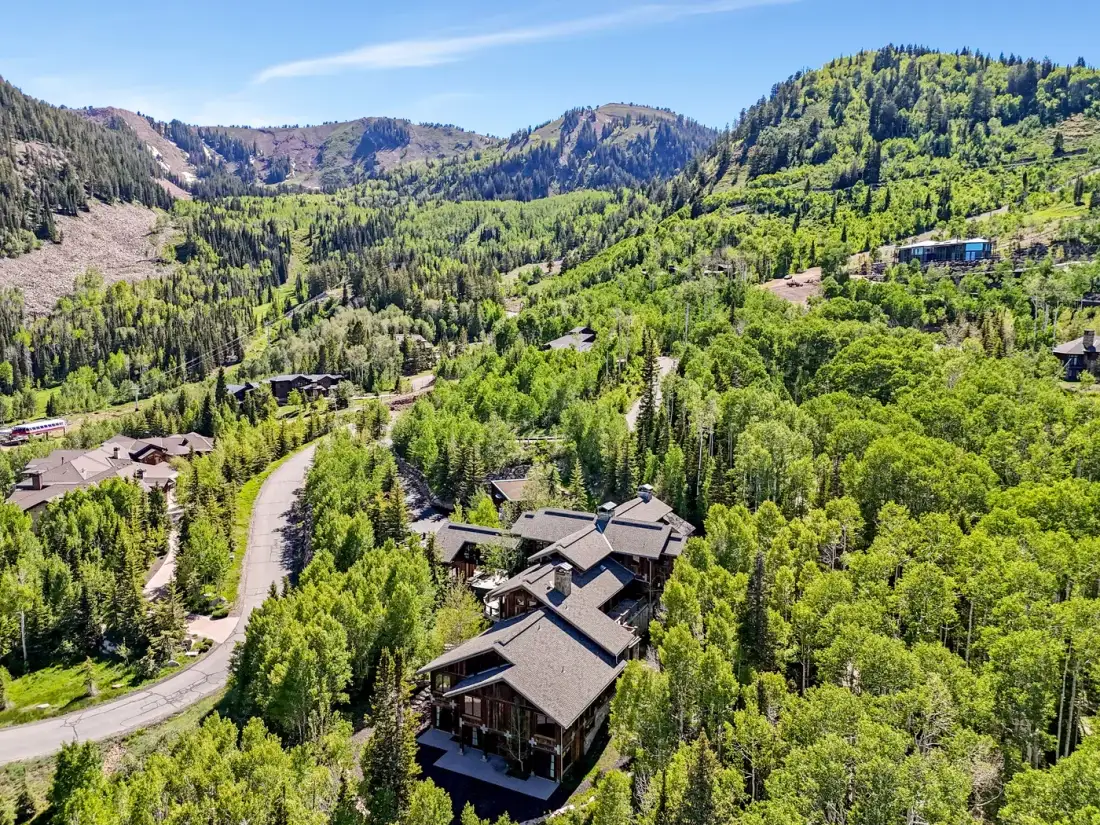 Aerial view of buildings among forested hills, with a winding road nearby.
