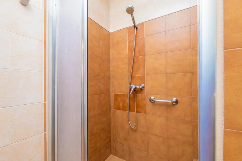 A tiled shower area with a handheld showerhead and wall-mounted controls.