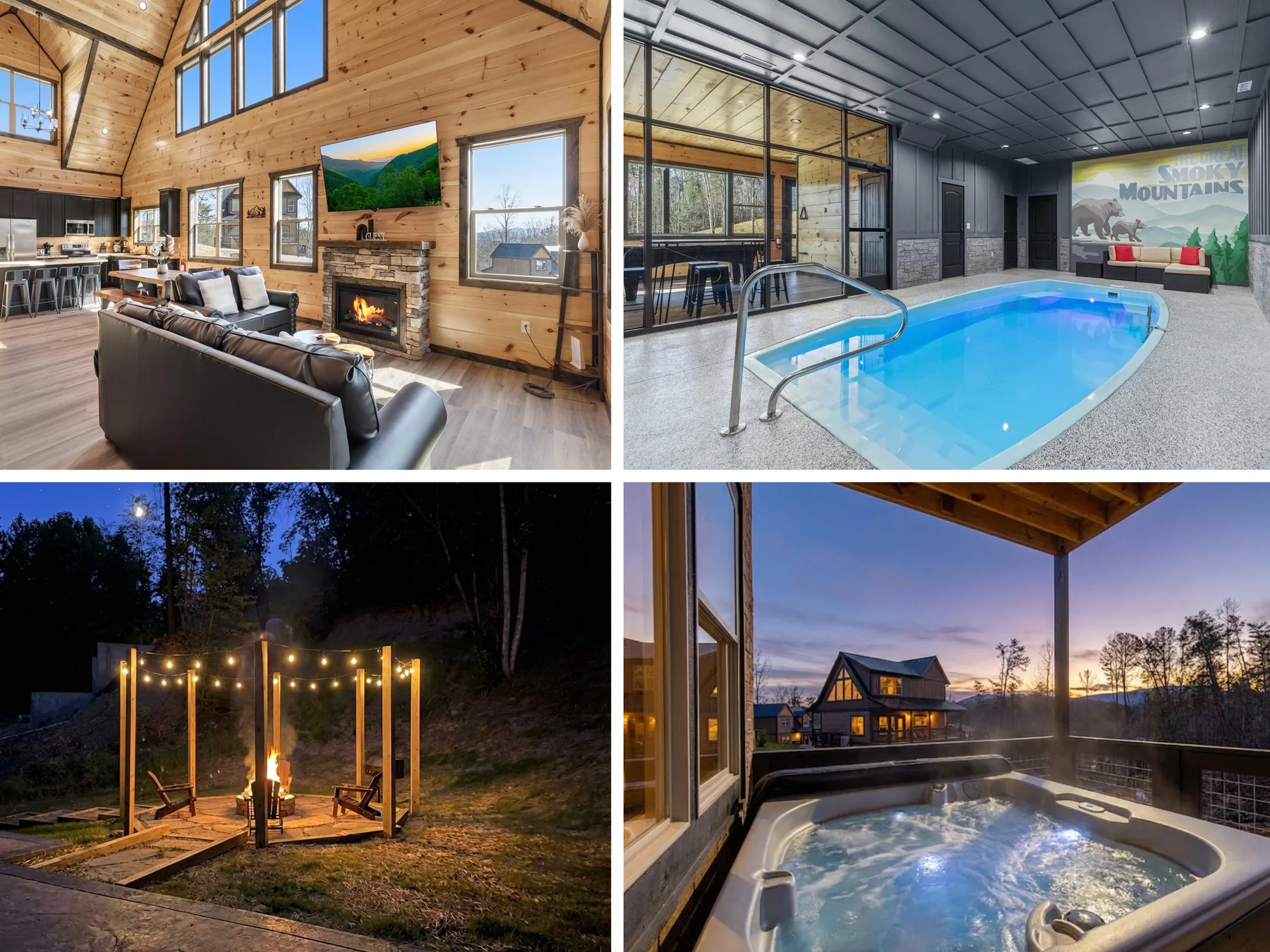 A collage shows a wood-paneled living room, an indoor pool, an outdoor fire feature, and a hot tub.