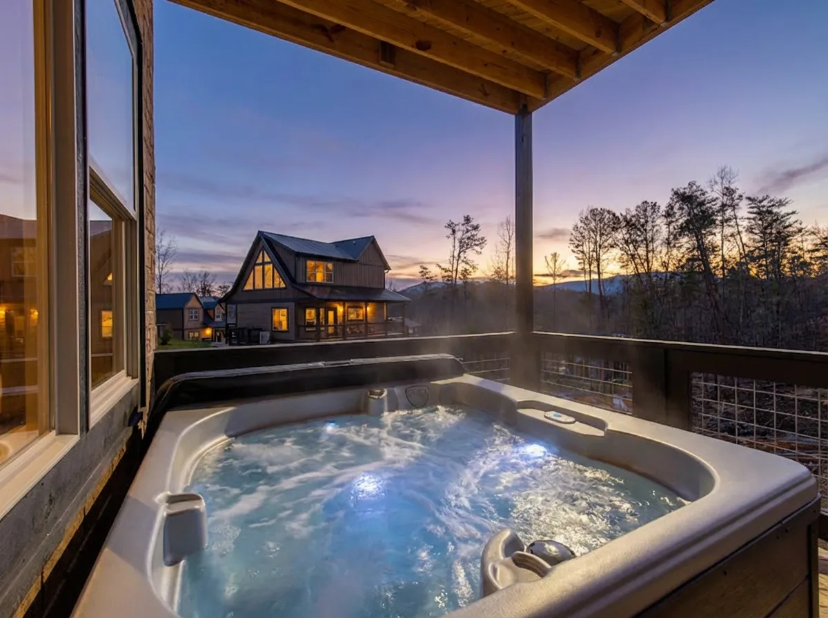 A bubbling hot tub sits on a covered deck overlooking a house at sunset.
