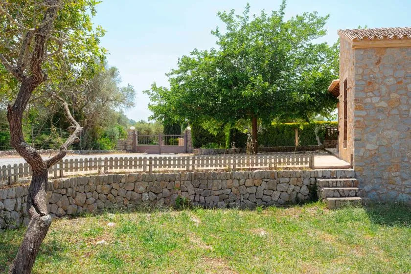 A grassy garden bordered by a stone wall, wooden fence, and leafy trees.
