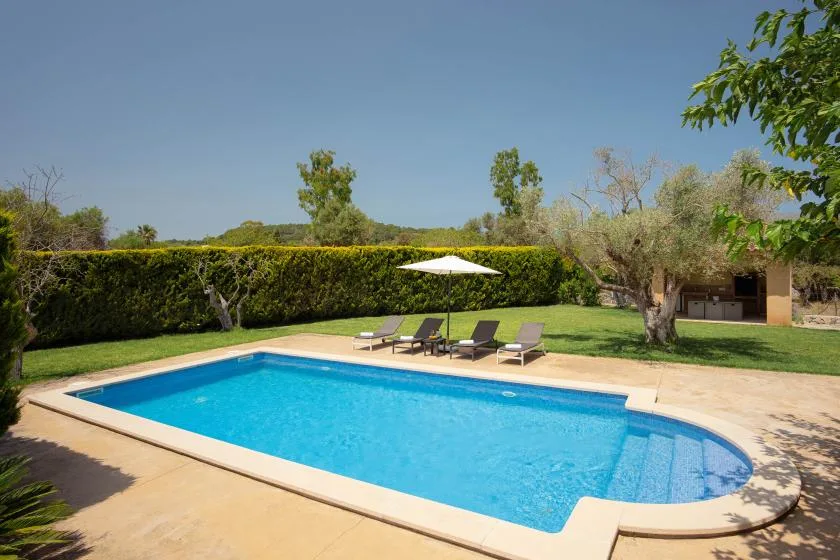 An outdoor swimming pool sits beside a hedge and several lounge chairs.