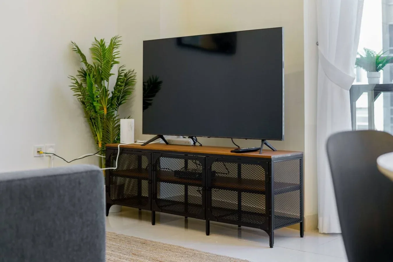 A television sits on a dark console beside a potted plant.