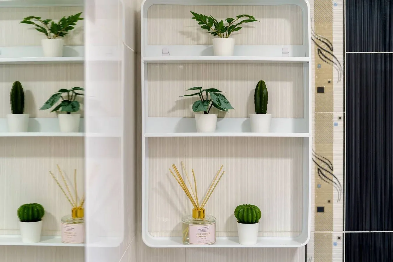A white display shelf holds small potted plants and a reed diffuser.