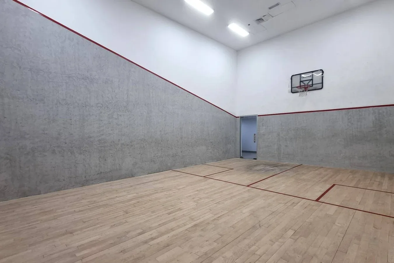 Indoor basketball court with a marked wooden floor and a hoop on the wall.