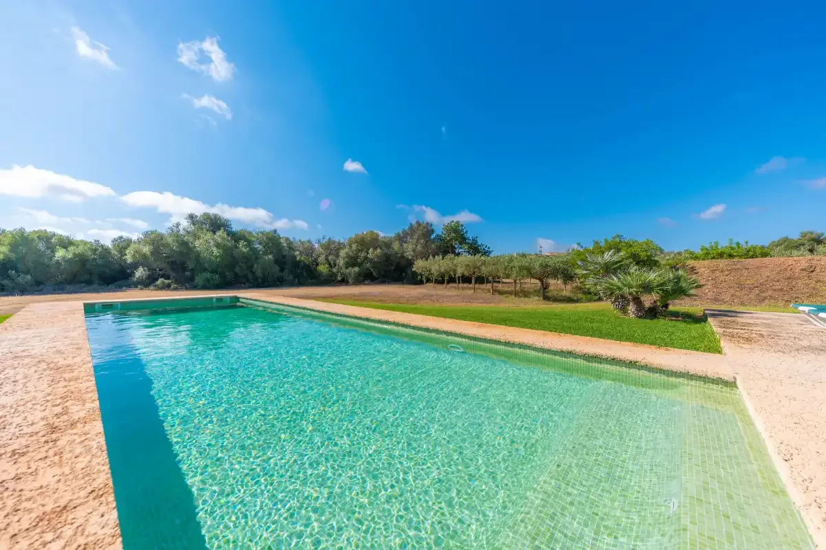 A swimming pool sits beside a grassy lawn under a clear blue sky.