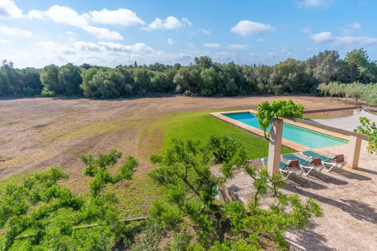 A swimming pool and shaded seating area sit beside a broad open field.