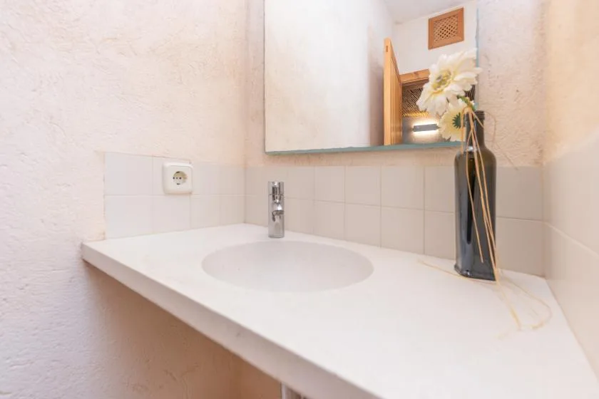 A bathroom vanity with a white sink, wall mirror, and vase of flowers.