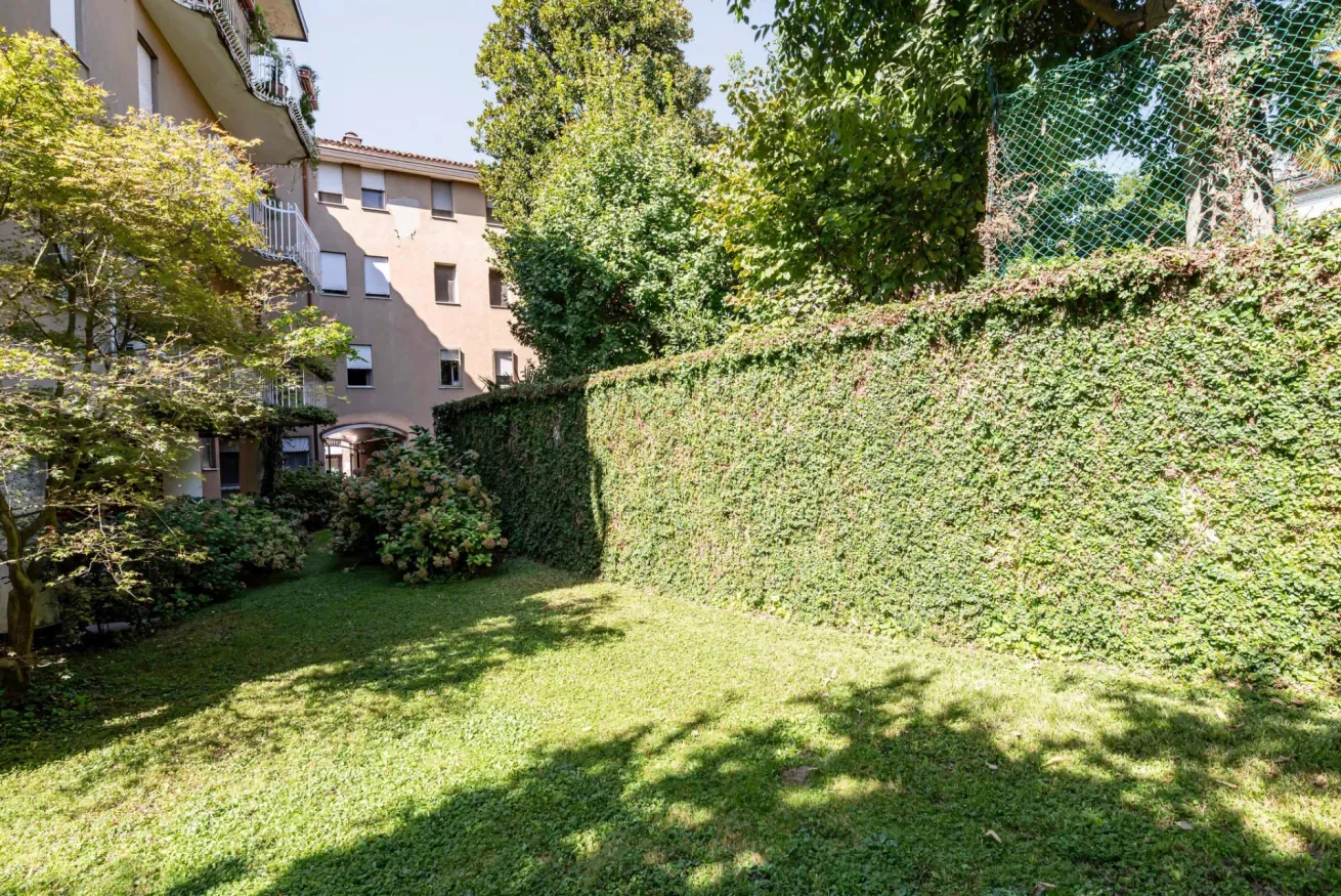 Un jardín con césped, rodeado de setos altos y árboles frondosos.