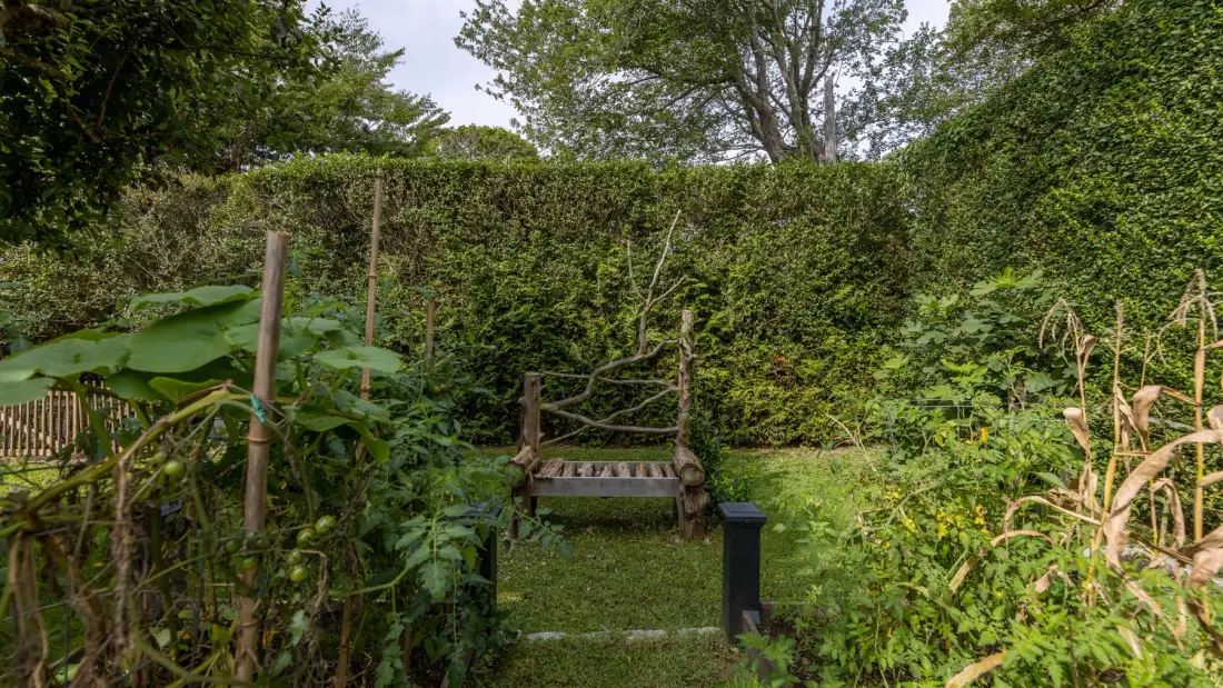 Un sendero de jardín conduce a un pequeño puente de madera entre abundante vegetación.