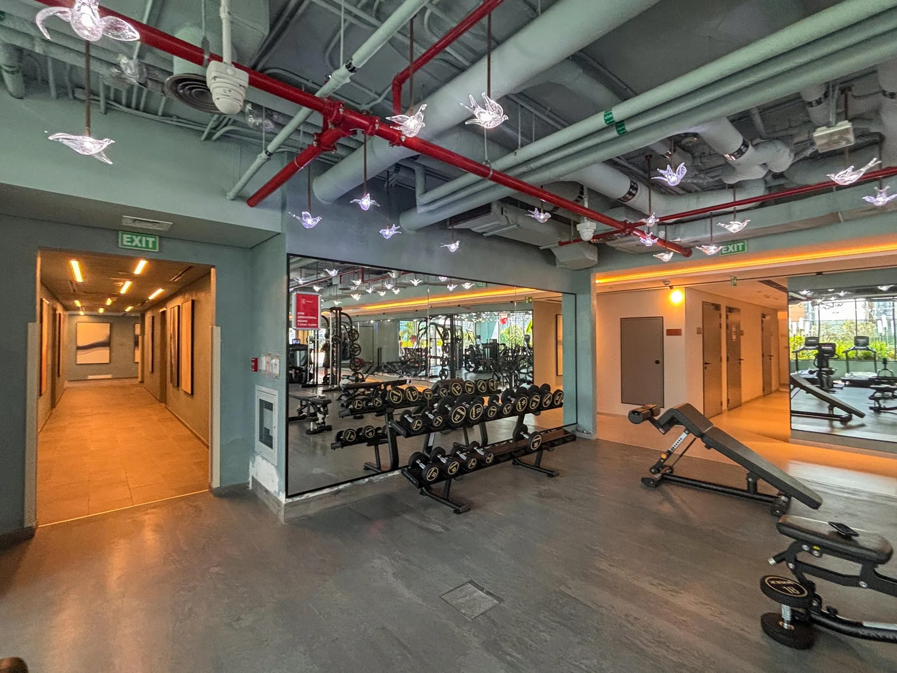 Interior de gimnasio con paredes de espejo, equipo de ejercicio y tuberías expuestas en el techo.