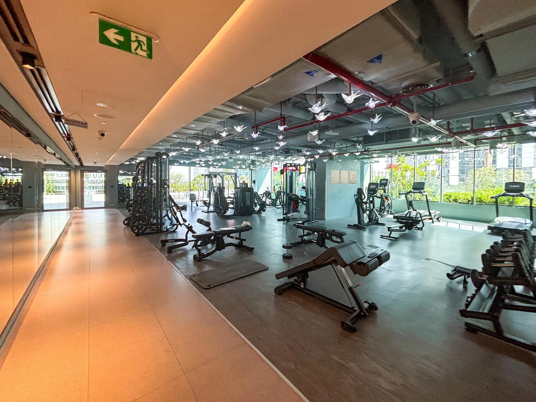 Un gimnasio amplio con máquinas de ejercicio y bancos de pesas.