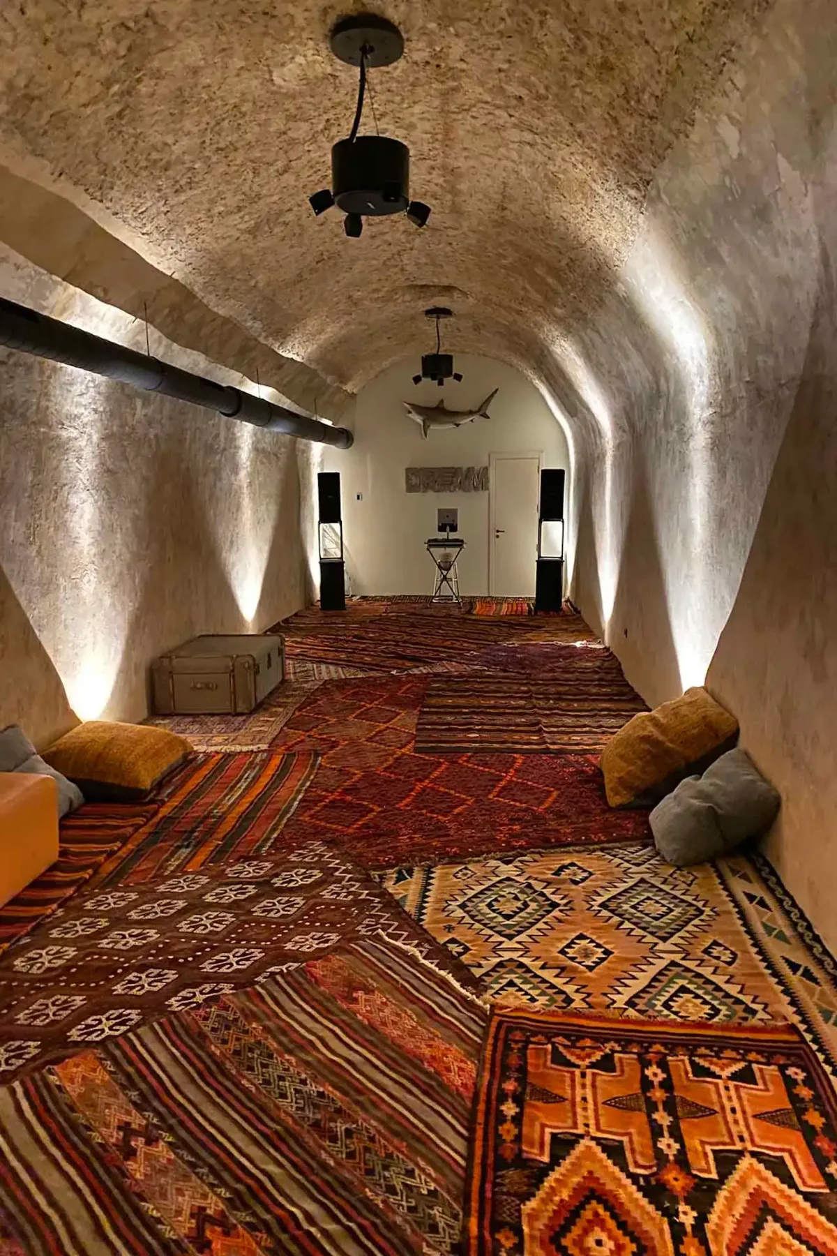 Room with a vaulted ceiling, adorned with colorful patterned rugs, cushions, a vintage suitcase, and a mounted fish on the wall.